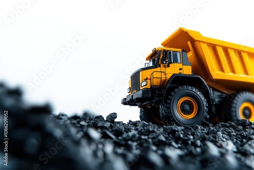 A bright yellow dump truck stands on a black gravel surface against a white background, highlighting its heavy-duty design and industrial appeal.