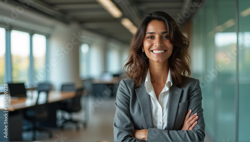 Standing in her office, a self-assured Indian businesswoman crosses her arms, smiles at the camera, and is dressed professionally. 