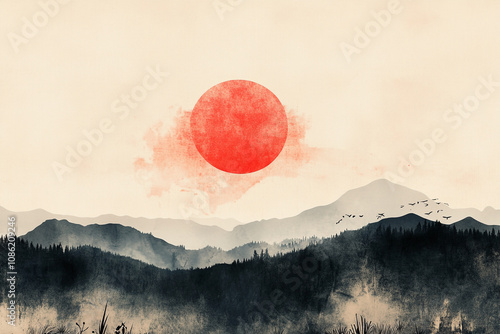 Red Sun Setting Over Misty Mountain Range