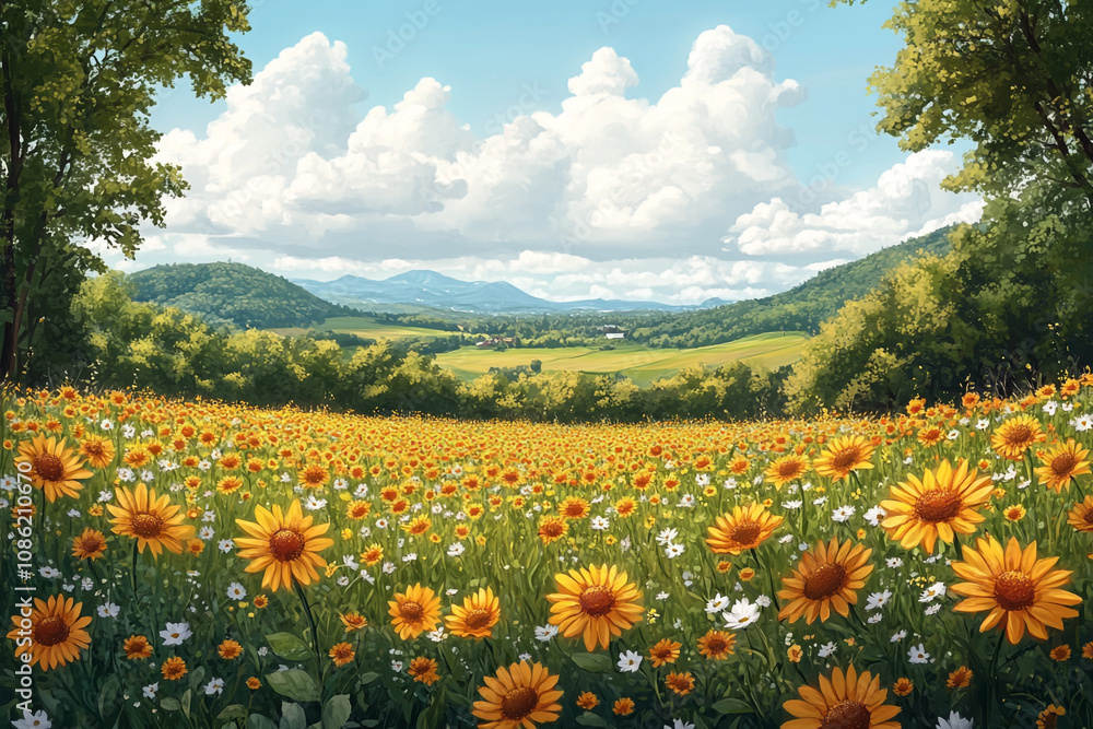 Obraz premium Sunflowers Bloom in a Serene Valley Landscape