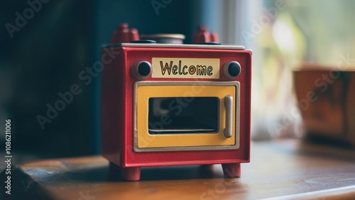 Vintage toy oven welcoming guests on wooden surface