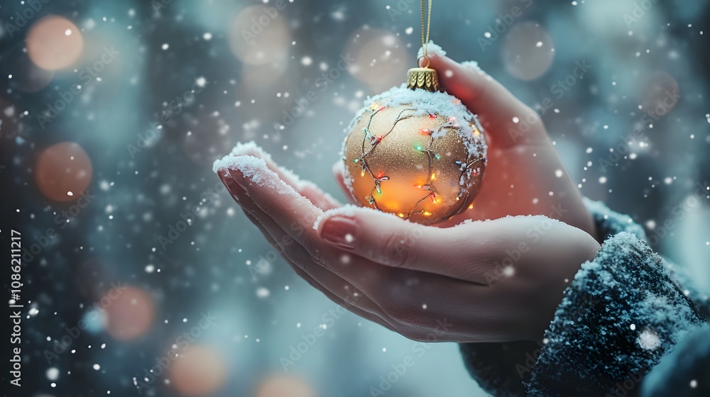 Hands Holding a Glittering Christmas Ornament Covered in Snow Hands Holding a Glittering Christmas Ornament Covered in Snow