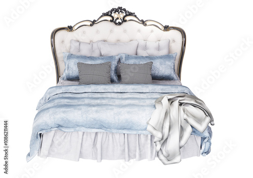 3d Furniture modern blue blanket double bed with European style headboard isolated on a white background, Decoration Design for bedroom.