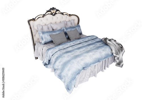 3d Furniture modern blue blanket double bed with European style headboard isolated on a white background, Decoration Design for bedroom.