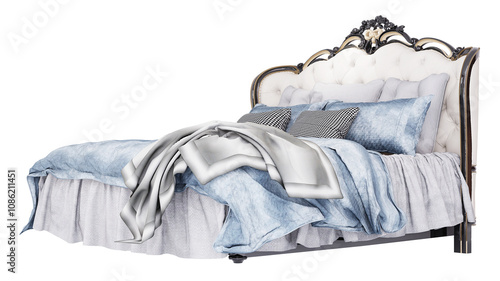 3d Furniture modern blue blanket double bed with European style headboard isolated on a white background, Decoration Design for bedroom.