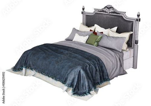 3d Furniture modern blue blanket double bed with European style headboard isolated on a white background, Decoration Design for bedroom.