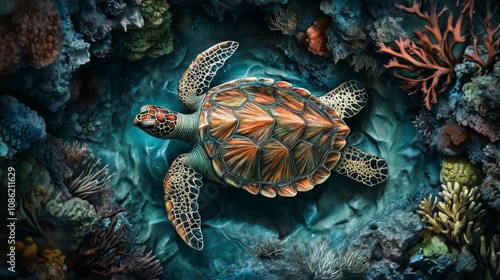 Wallpaper Mural Colorful Turtle Swimming in Coral Reef Torontodigital.ca