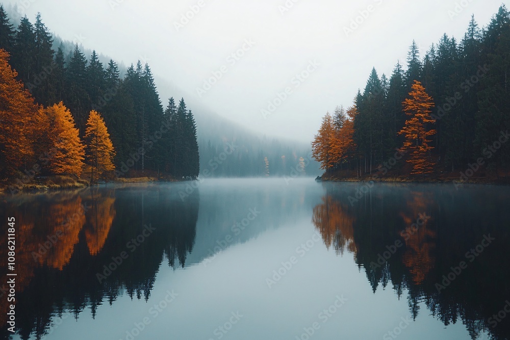 Fototapeta premium Serene Autumn Reflections: A Misty Lake Surrounded by Colorful Fall Foliage