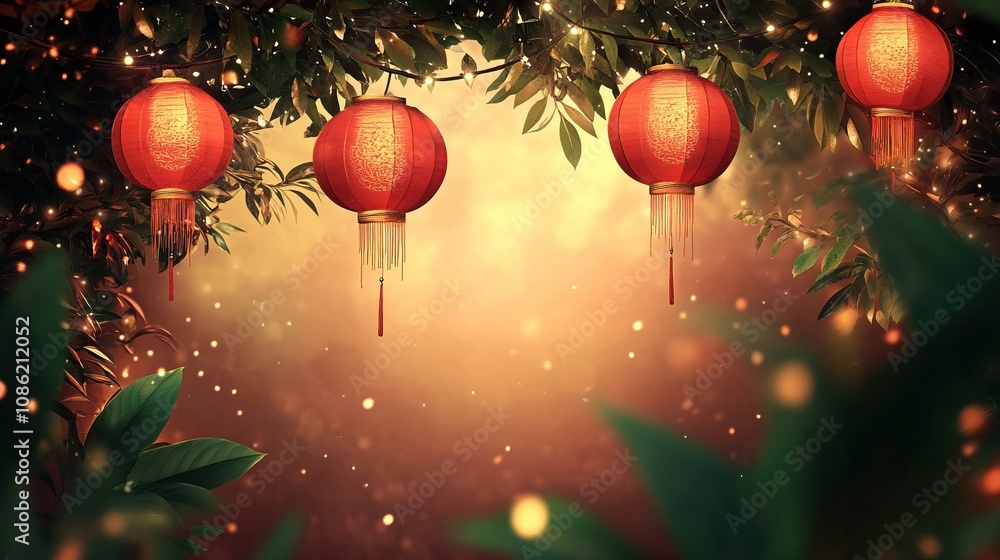 Naklejka premium Glowing red lanterns amidst green foliage celebrating the chinese new year traditions and festive spirit
