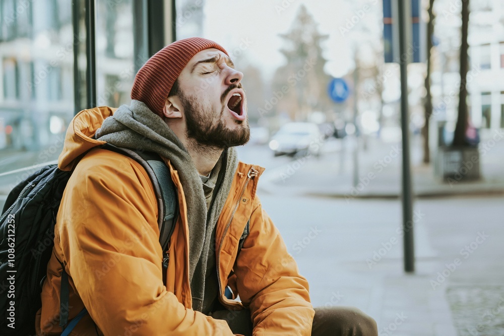 A Moment of Exhaustion: Young Man in Urban Setting Takes a Break A Moment of Exhaustion: Young Man in Urban Setting Takes a Break