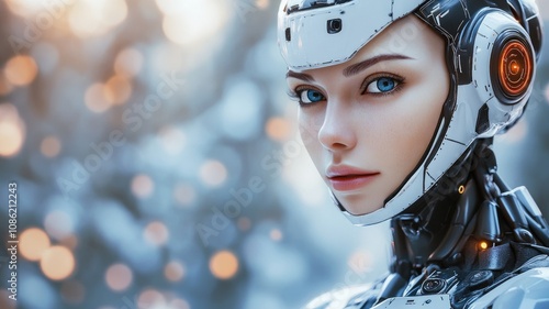 Futuristic human-like female robot with serene expression and advanced technology against blurred light background photo