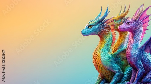 Three colorful dragons in a fantastical setting.