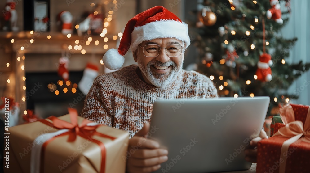 A Cheerful Man in a Santa Hat Uses a Laptop Surrounded by Christmas Decorations A Cheerful Man in a Santa Hat Uses a Laptop Surrounded by Christmas Decorations