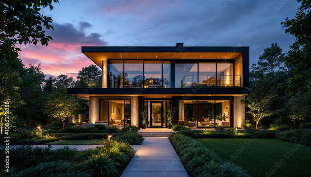 Modern house glowing at night with elegant lighting and lush surroundings. Modern house glowing at night with elegant lighting and lush surroundings.