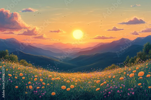 Sunset Over Mountain Valley Wildflower Meadow