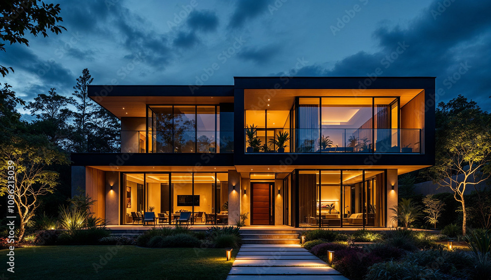 Obraz premium Modern house glowing at night with elegant lighting and lush surroundings.