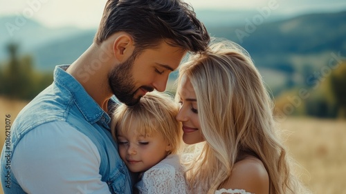 Caucasian family with child embracing outdoors in picturesque landscape