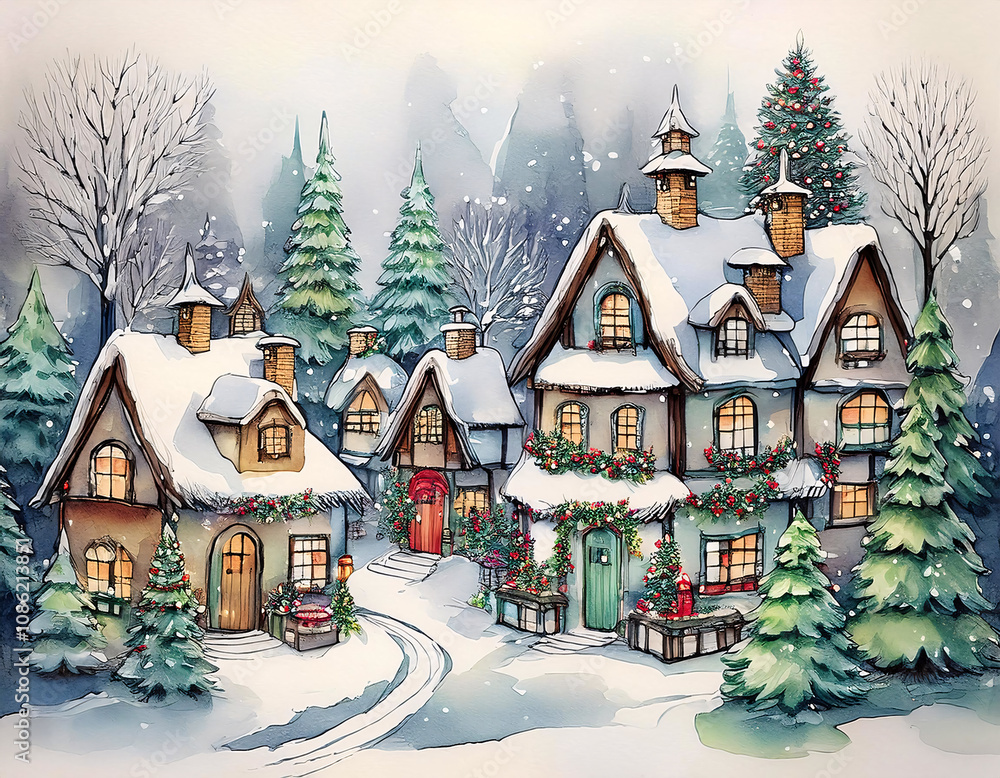 Fototapeta premium A picturesque winter village, bathed in the warm glow of Christmas lights and surrounded by snow-covered trees