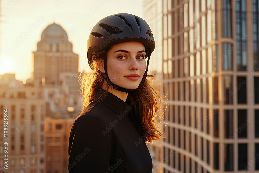 a professional woman commuting on e-bike wearing helmet a professional woman commuting on e-bike wearing helmet