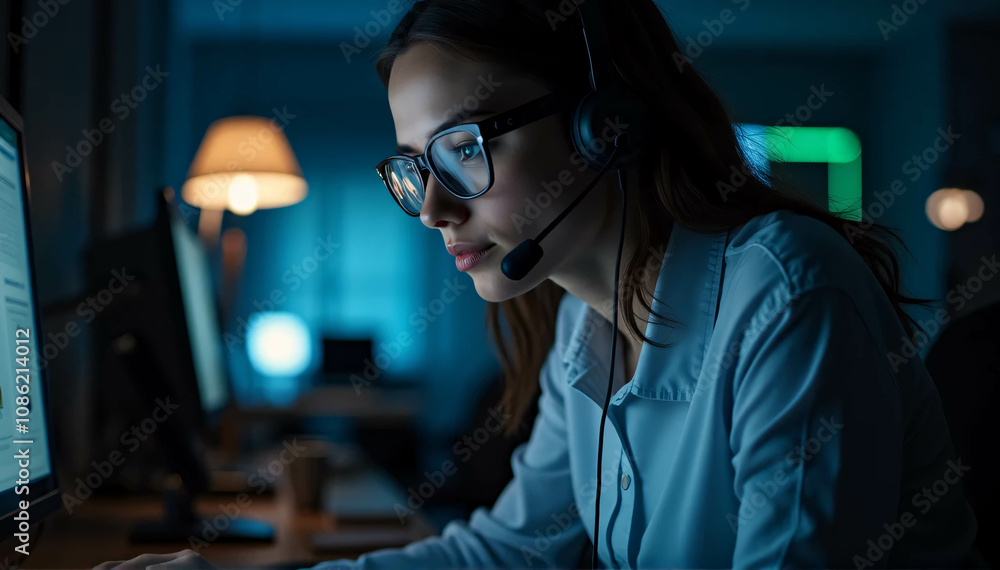 A customer care agent wearing glasses and a headset is working diligently at night under the soft office lighting and computer glow.
A customer care agent wearing glasses and a headset is working diligently at night under the soft office lighting and computer glow.