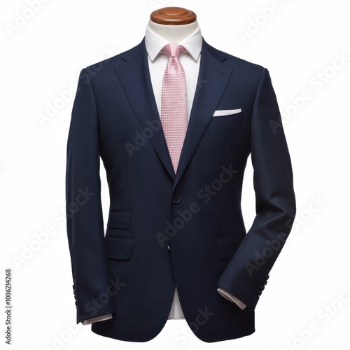 Elegant Formal Attire Mannequin Displaying a Navy Suit with Pink Tie and Pocket Square, Perfect for Fashion Showcases and Tailoring Inspirations