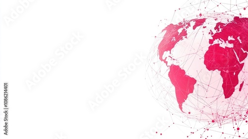 Red world map with digital connectivity lines on white background