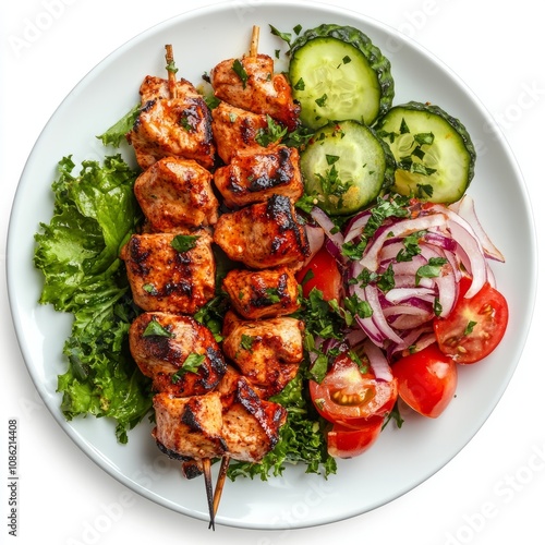 shot from above Chicken Kebab Rosso on a white plate. white background