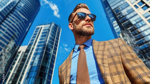 Businessman in plaid blazer and sunglasses with skyscrapers background