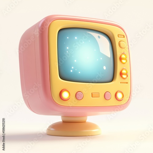 Retro TV Charm: A delightful 3D rendering of a vintage-style television set, showcasing a pastel pink and yellow color scheme. Perfect for projects needing a touch of nostalgic appeal. 