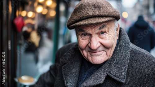 Elderly man with cap and coat smiling outdoors, reflecting lively street