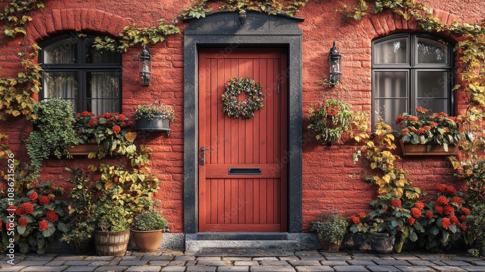 Charming red door adorned with flowers and greenery. Charming red door adorned with flowers and greenery.