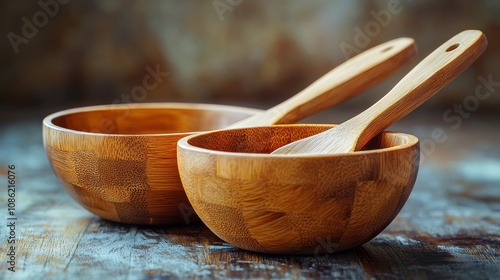 Wooden Bowls and Cooking Utensils on Table with Warm Background Ideal for Culinary and Kitchen-Themed Stock Photography