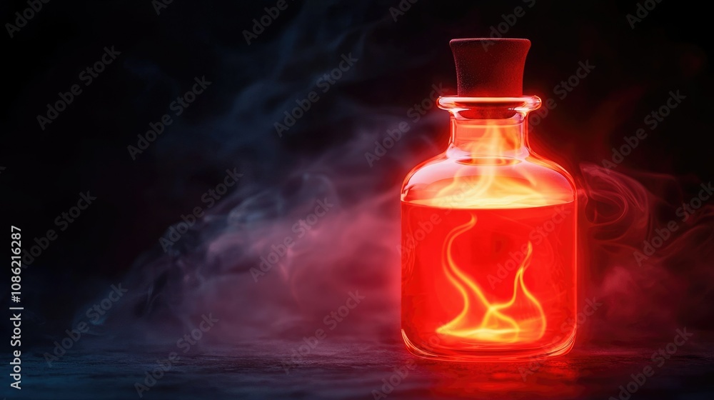A glowing red potion in a glass bottle, surrounded by dark smoke, creating a mysterious and enchanting atmosphere. A glowing red potion in a glass bottle, surrounded by dark smoke, creating a mysterious and enchanting atmosphere.