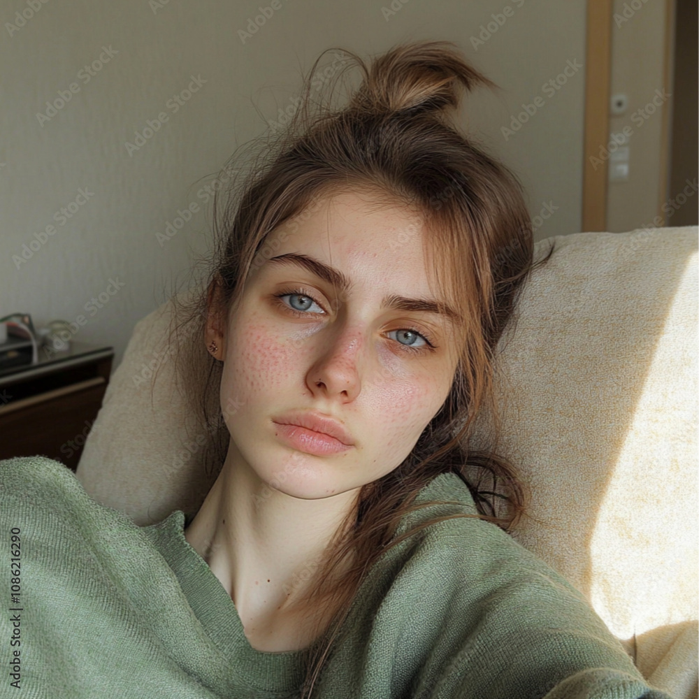 The girl is 20 years. not well-groomed. skin on the face with pimples. Sitting in a chair at home, taking a selfie. The girl is 20 years. not well-groomed. skin on the face with pimples. Sitting in a chair at home, taking a selfie.