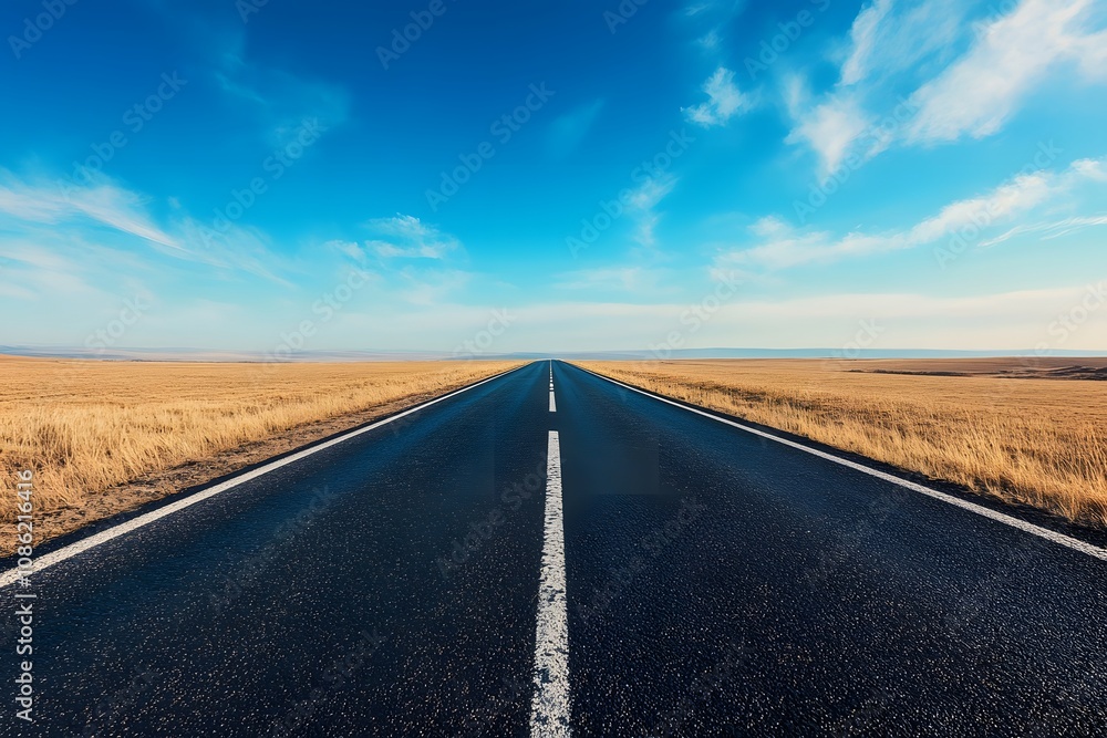 Naklejka premium A Straight Asphalt Road Leading Through a Dry Grassland Under a Clear Blue Sky