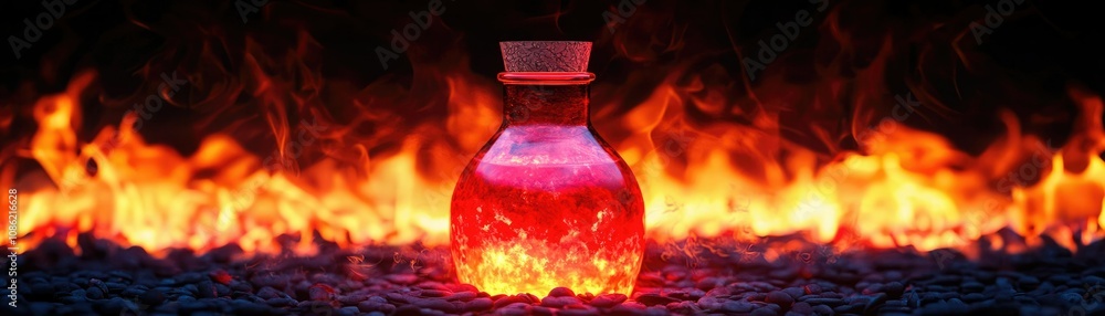 A glowing potion jar surrounded by flames, creating a mystical and intense atmosphere, suggesting magic or alchemy. A glowing potion jar surrounded by flames, creating a mystical and intense atmosphere, suggesting magic or alchemy.