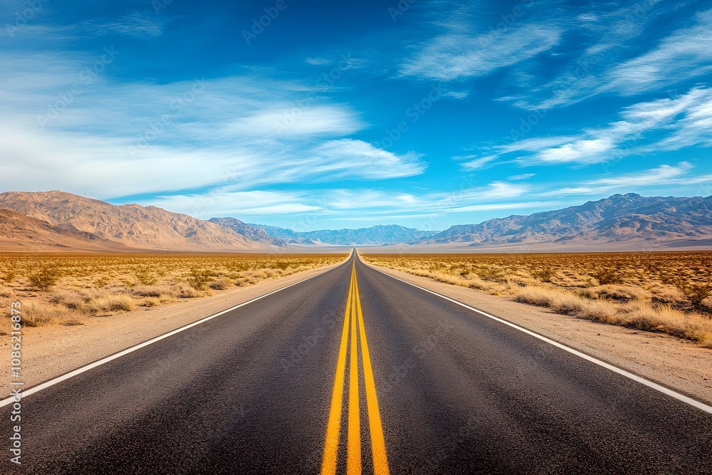 A Straight Road Through a Desert Landscape with Mountain Ranges in the Distance A Straight Road Through a Desert Landscape with Mountain Ranges in the Distance