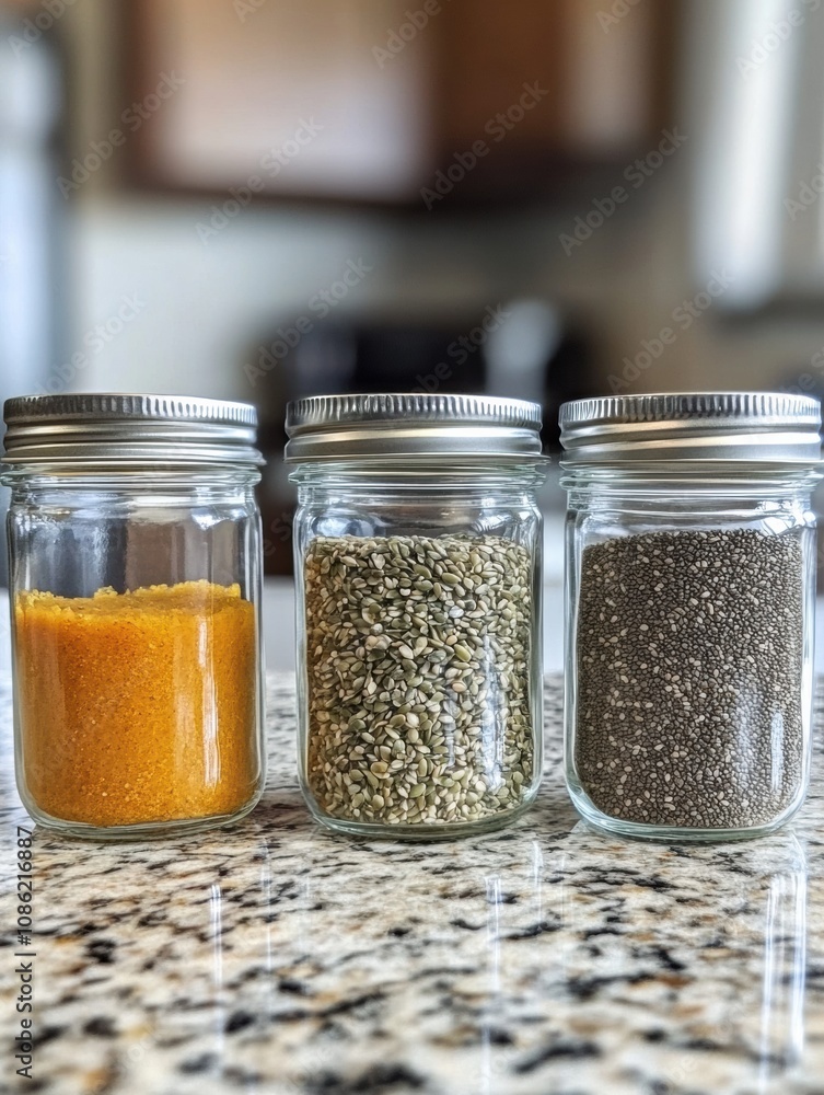 Three glass jars hold bright pumpkin puree, green hemp seeds, and black chia seeds, perfect for nutritious recipes and snacks at home. Generative AI Three glass jars hold bright pumpkin puree, green hemp seeds, and black chia seeds, perfect for nutritious recipes and snacks at home. Generative AI