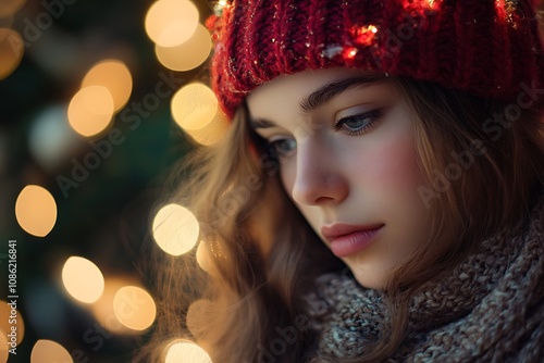 Wallpaper Mural Portrait of a girl in winter. Christmas lights bokeh background. Torontodigital.ca