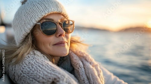 Woman in winter hat and sunglasses enjoying sunset by the sea.