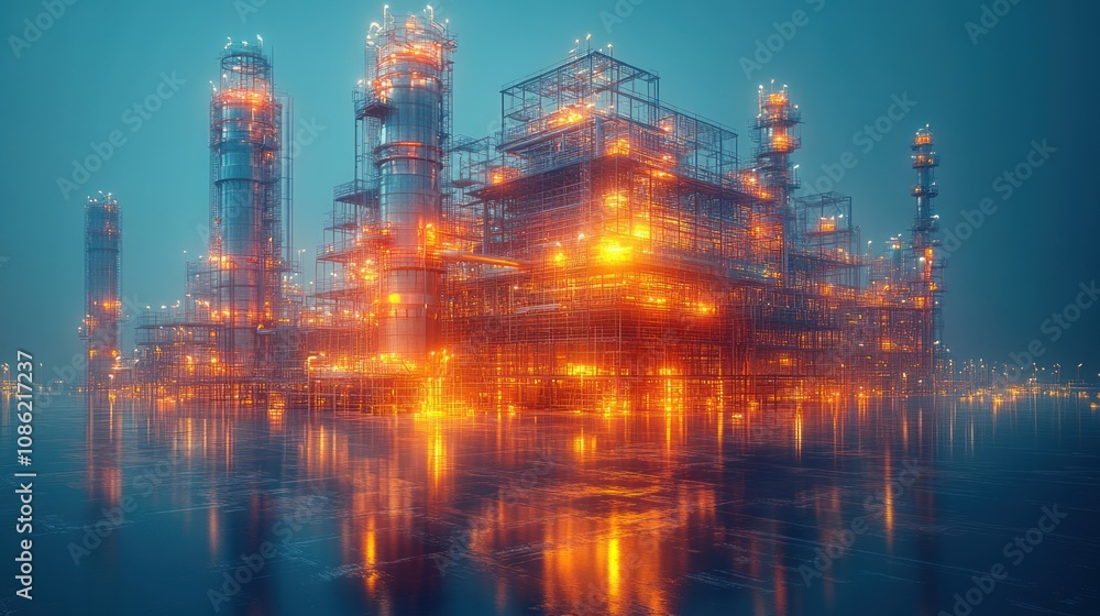 Obraz premium Industrial facility with glowing structures in a misty environment.