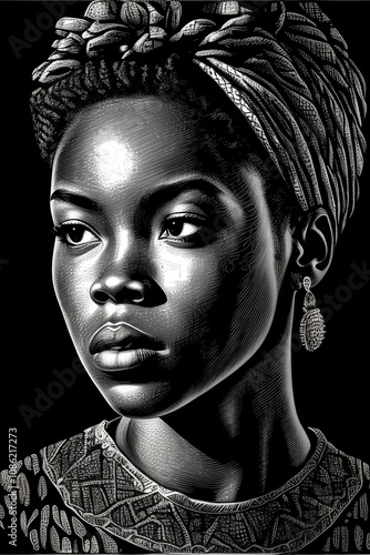 Black and white portrait of a beautiful African woman with braided hair. photo