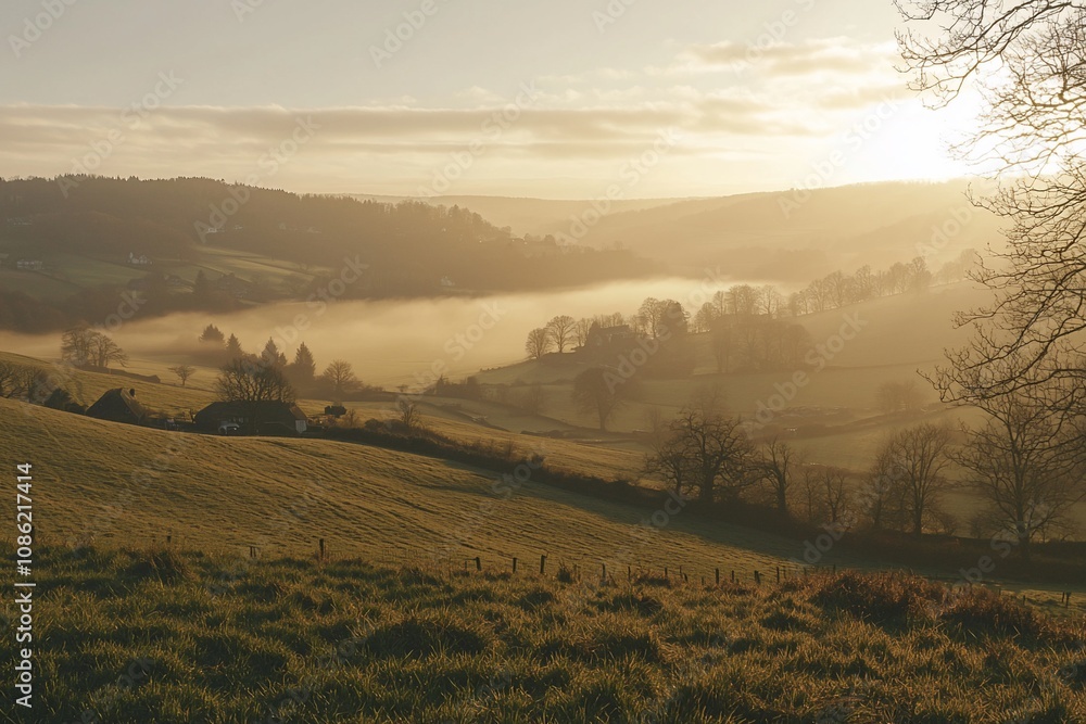 Serene Morning Landscape with Misty Fields and Gentle Sunrise Serene Morning Landscape with Misty Fields and Gentle Sunrise