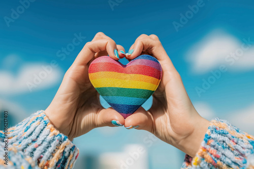 Rainbow Heart Held in Hands - Love and Acceptance - LGBTIQ+ LGBTQ+ People. International lLGBTQ+ Pride Day. Diversity Awareness. Lesbian, Gay, Bisexual, Transgender, Queer or Questioning, Intersex, As photo