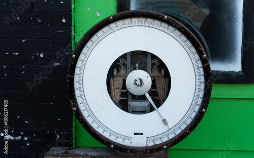 This is part of a large old vintage scale that is metal with green paint. The pointer shows it goes from 0  to 25000. Paint is chipped and scale is an antique.
