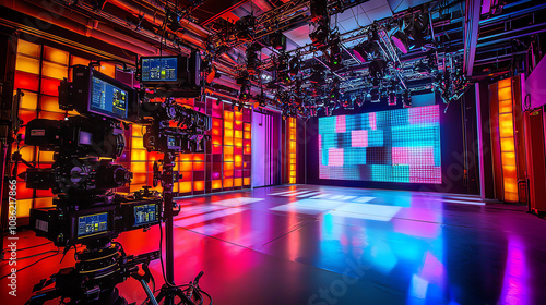 Modern film production studio equipped with advanced lighting rigs and multiple camera setups during a creative project