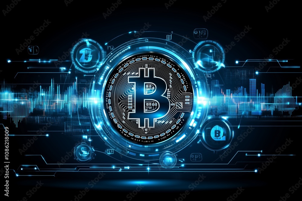 A vibrant depiction of the Bitcoin symbol set against a glowing blue digital circuit background. A vibrant depiction of the Bitcoin symbol set against a glowing blue digital circuit background.