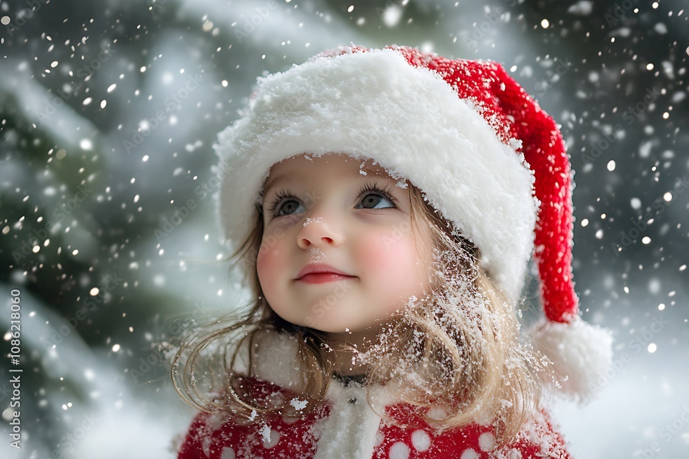 Adorable toddler girl in Santa hat, snowing Adorable toddler girl in Santa hat, snowing