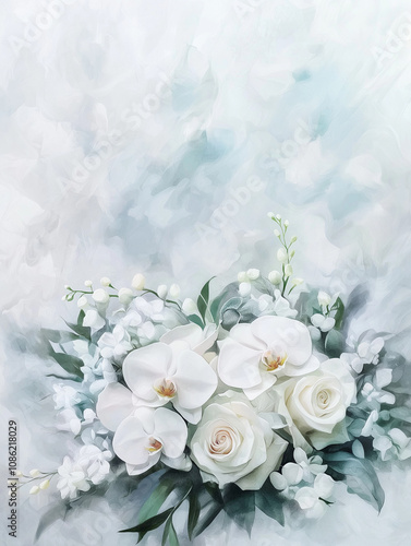 Watercolor bouquet of white orchids and roses, wedding theme, with copy space