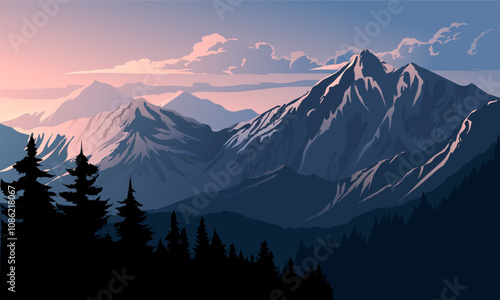 sunset in the mountains with silhouette of forest